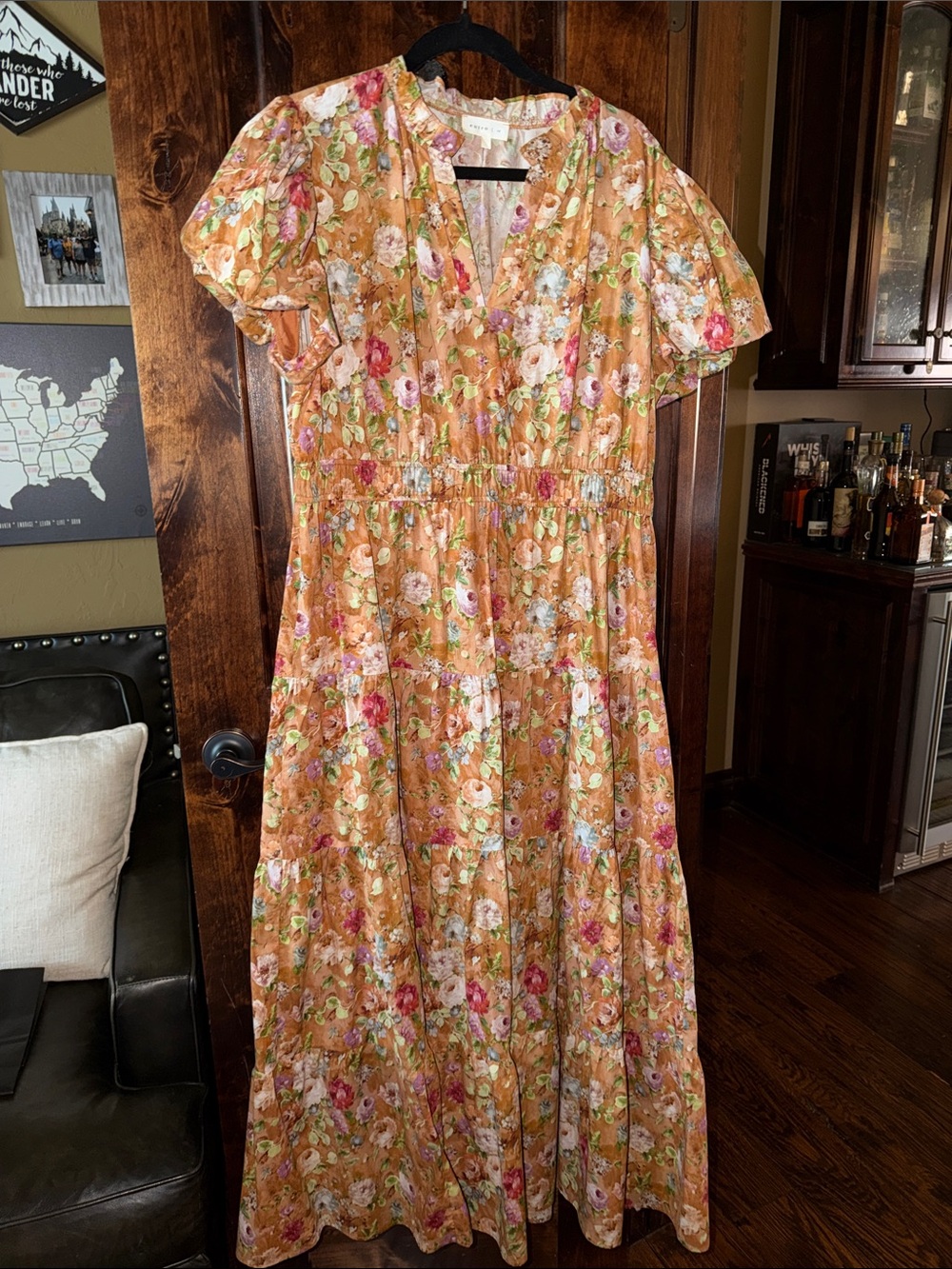Entro Brown Floral Tiered Maxi Dress with Pink & Green Accents